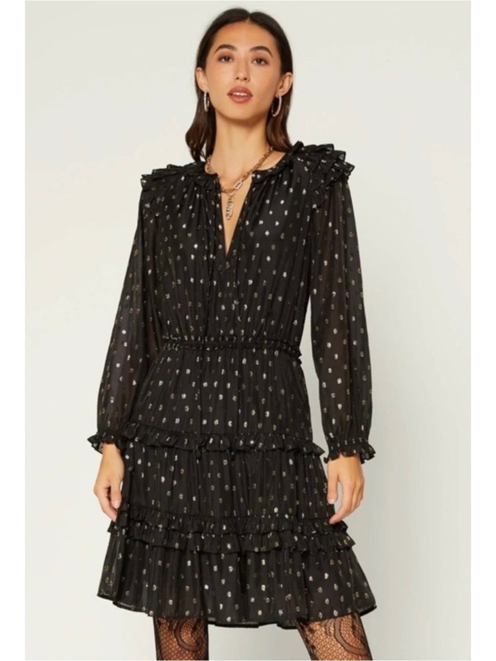 Anthropologie Current Air Black & Gold Metallic Clip Dot Ruffle Mini Dress XS